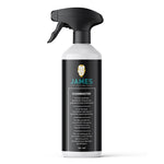 sproeifles voor reinigingsmiddel James Cleanmaster voor grondige, mechanische reiniging van synthetisch tapijt en meubelstof, met zwart label en wit en turquoise tekst