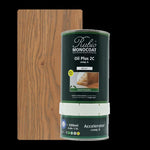 blik Rubio Monocoat Oil Plus 2C Biscuit met houten kleurstaal van licht bruin eiken met zichtbare houtnerven en fijne structuur