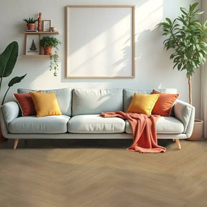 licht beige eiken visgraatvloer met subtiele houtnerfstructuur en matte afwerking