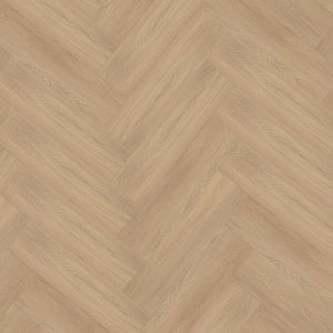licht beige eiken visgraatvloer met subtiele houtnerfstructuur en matte afwerking