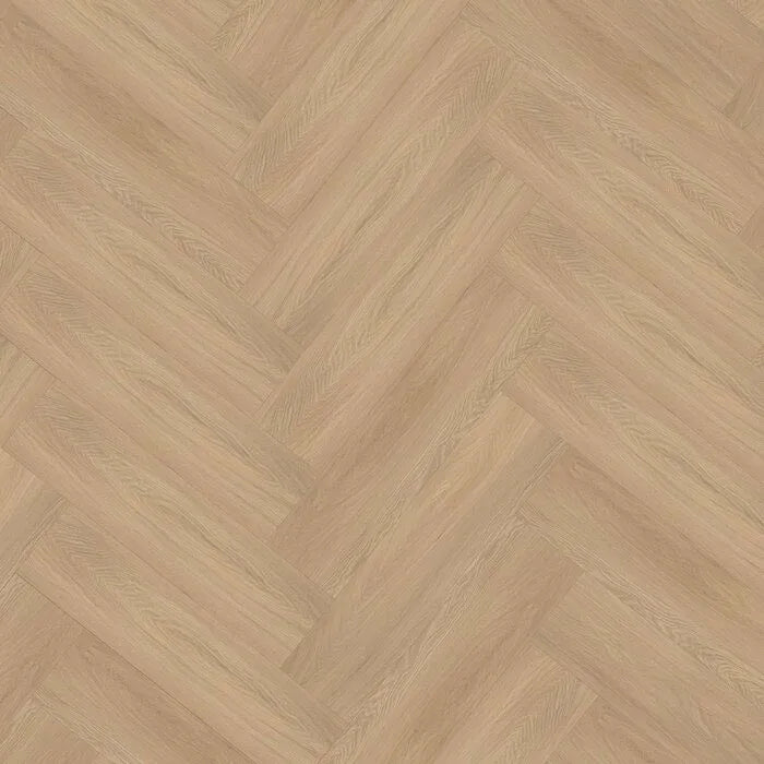 licht beige eiken visgraatvloer met subtiele houtnerfstructuur en matte afwerking
