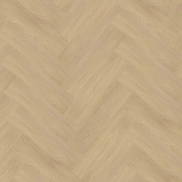 licht beige eiken visgraatvloer met een subtiele houtstructuur en smalle planken