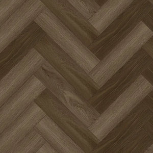 Donker bruin eiken visgraatvloer met subtiele houtstructuur en matte afwerking.