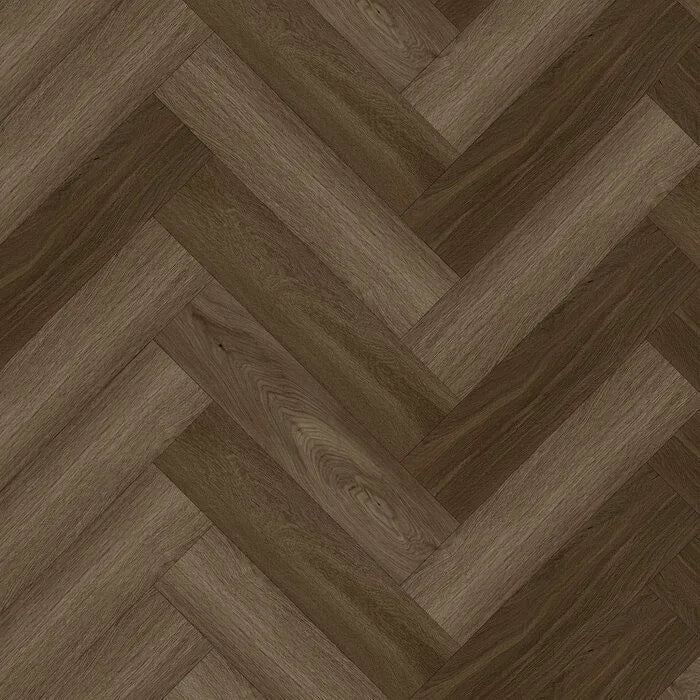 Donker bruin eiken visgraatvloer met subtiele houtstructuur en matte afwerking.