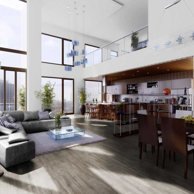 lichte grijze vloer met brede planken in houtstructuur in een ruime moderne woonkamer met hoog plafond en grote ramen