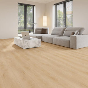 lichte beige eiken vloer met rechte planken en subtiele houtnerven en knoesten, gladde structuur