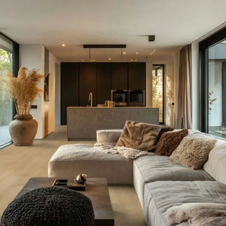 lichte beige eiken vloer met brede planken in een moderne woonkamer met grote raampartijen, zachte natuurlijke texturen op de hoekbank en een zwarte keukenachterwand