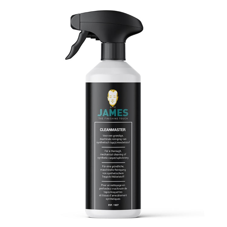 sproeifles voor reinigingsmiddel James Cleanmaster voor grondige, mechanische reiniging van synthetisch tapijt en meubelstof, met zwart label en wit en turquoise tekst