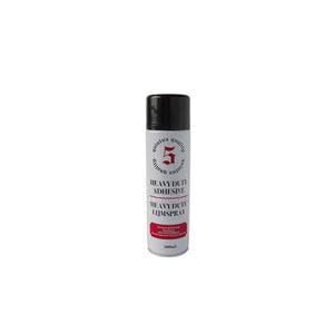 Spraybus met sterke lijm, zilverkleurige bus met zwarte dop en rood-witte opdruk, 500 ml.