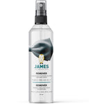 transparante sprayfles met zwarte spraymond en zwarte dop, met label van James vloerreiniger remover voor hardnekkige vlekken op harde vloeren zoals laminaat, parket of pvc
