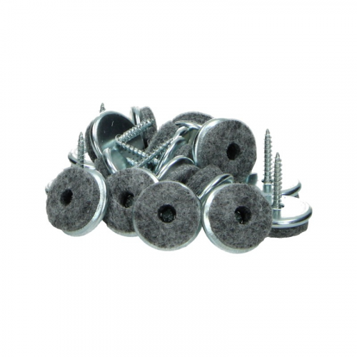 Set grijze vilten meubelglijders met verzilverde metalen schroefkoppen, geschikt voor bescherming van vloeren bij meubelpoten.
