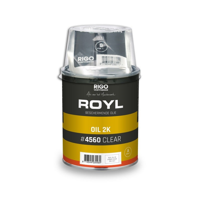 Beschermende olie in zwarte en geelbruine verpakking van het merk Royl, type Oil 2K #4560 Clear, met doorzichtige dop.