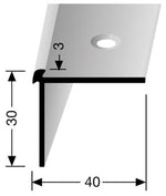 Zwarte metalen stootvoegstrip met afgeronde afdekking, 30 mm hoog en 40 mm breed, met draadgat in de bovenkant voor bevestiging.