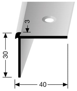 Zwarte metalen stootvoegstrip met afgeronde afdekking, 30 mm hoog en 40 mm breed, met draadgat in de bovenkant voor bevestiging.
