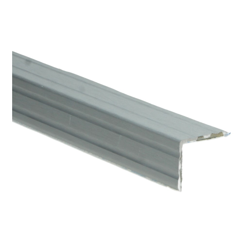 Aluminium overgangsprofiel met L-vormige hoek, zilvergrijs en gladde structuur, geschikt als vloerafwerking bij laminaat, parket of pvc vloeren.
