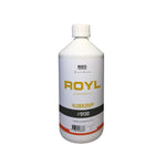 Fles witte beschermende olie vloerzeep van het merk Royl met geel en zwart opdruk, productcode #9130, op een witte achtergrond.