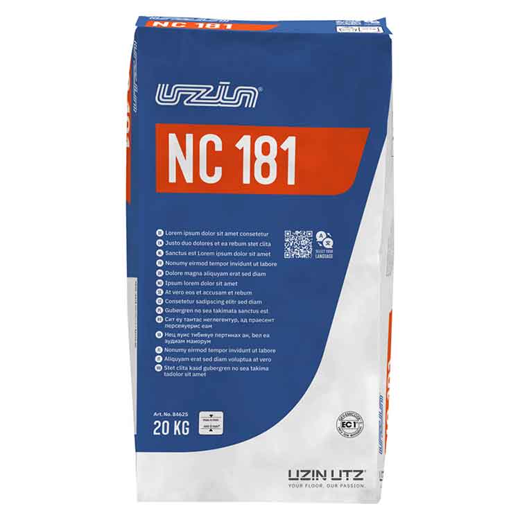 Zak met 20 kg vloerklevende lijm NC 181 van Uzin Utz, verpakt in een blauw-witte en oranje gekleurde stevige papierverpakking, geschikt voor vloerbekledinginstallaties.