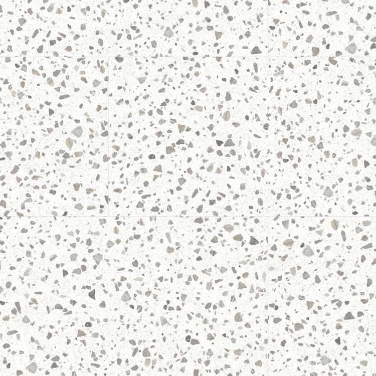 terrazzo tegelvloer met fijne onregelmatige fragmenten in licht beige en grijs op een witte basis