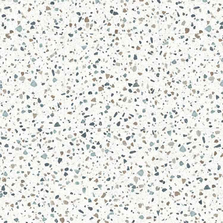 terrazzo vloer met lichte beige ondergrond en kleine fragmenten in blauw, donkergrijs en bruin, met een random korrelig patroon