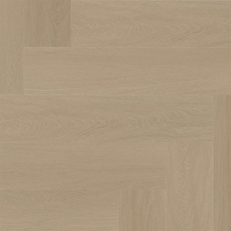 licht beige eiken vloer met subtiel houtnerfstructuur en visgraat patroon, met brede planken en een matte afwerking