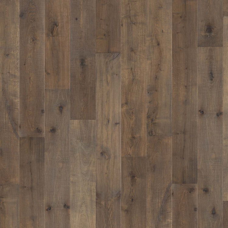 donker grijs bruin eiken vloer met matte afwerking, zichtbare houtnerven en natuurlijke noesten in brede planken patroon
