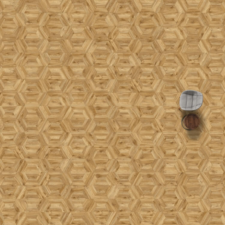 Licht beige eiken vloer met een geometrisch zeshoekig patroon waarbij de houtnerf en structuur duidelijk zichtbaar zijn, afgewisseld met zeskantige vlakken in een halfronde structuur.