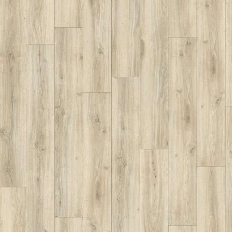 lichte eiken vloer met rechte planken, natuurlijke houtstructuur en subtiele noesten in een zandbeige tint