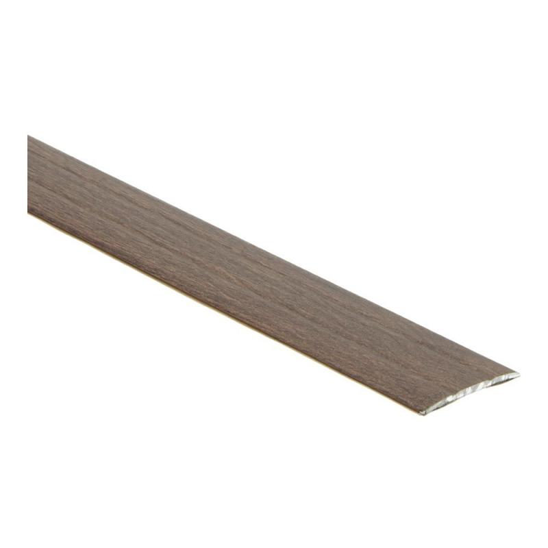 Donker grijs bruine drempelstrip met houtstructuur en licht gebogen profiel voor vloerovergangen.