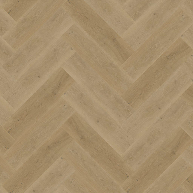 Lichte beige eiken vloer met visgraatpatroon en subtiele houtnerfstructuur, brede planken met natuurlijke knoesten.