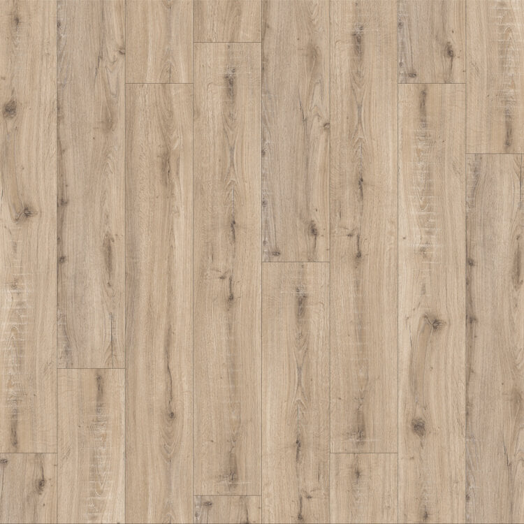 Licht beige eiken vloer met smalle planken en natuurlijke houtnerf structuur, zichtbaar lichte knoesten en subtiele schakeringen in de plankkleur.