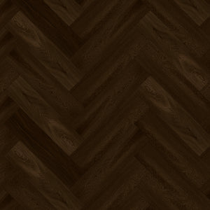 Donker bruin eiken vloer met visgraat patroon met zichtbare houtstructuur en matte afwerking.