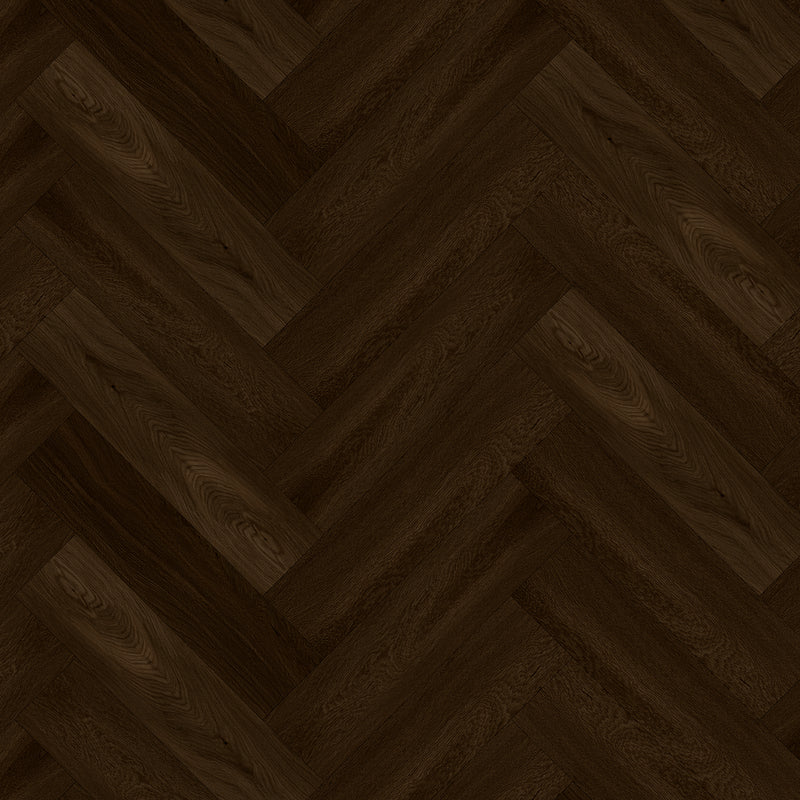 Donker bruin eiken vloer met visgraat patroon met zichtbare houtstructuur en matte afwerking.