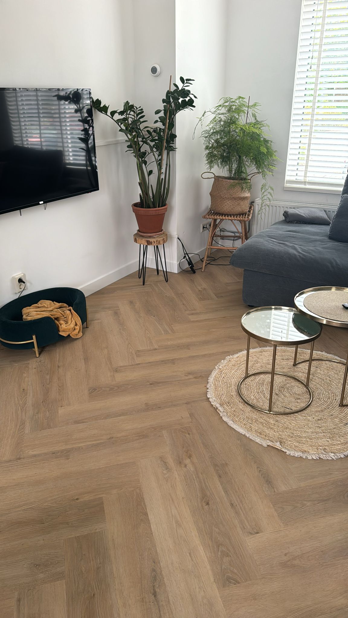 "Woonkamer in Lelystad met een visgraatvloer met houtlook"