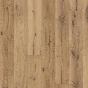 lichte eiken vloer met brede planken en natuurlijke houtstructuur, zichtbaar knoesten en fijne nerfdetails in een warme beige tint