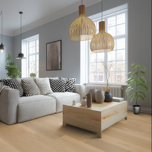lichte eiken vloer met brede planken en een fijne, natuurlijke houtstructuur met subtiele noesten en kleurvariaties in warme beige tinten