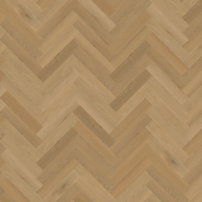 licht beige eiken visgraatvloer met smalle planken en subtiele houtnerfstructuur