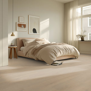 licht beige eiken vloer met rechte planken en een subtiele houtnerfstructuur