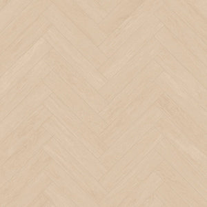 licht beige eiken vloer in visgraat patroon met matte, subtiele houtstructuur en smalle brede planken