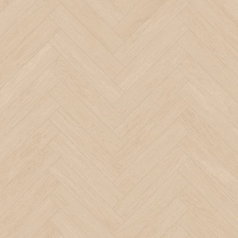 licht beige eiken vloer in visgraat patroon met matte, subtiele houtstructuur en smalle brede planken