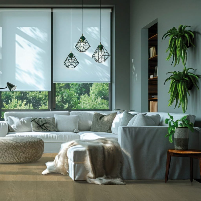 lichte eiken vloer met brede planken en matte structuur, modern woonkamerinterieur met ruime witte hoekbank, zacht beige plaid, strakke witte raamdecoratie en groene hangplanten aan grijs geschilderde muur