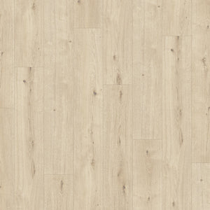 licht beige eiken vloer met subtiele houtnerfstructuur en kleine noesten, brede planken in rechthoekig patroon
