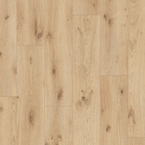 licht beige eiken vloer met rechte brede planken en natuurlijke houtnerven met zichtbare knoesten en fijne nerfstructuur