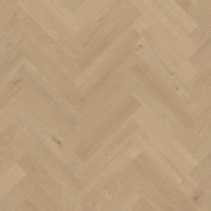 licht beige eiken visgraatvloer met subtiele houtnerfstructuur en brede planken